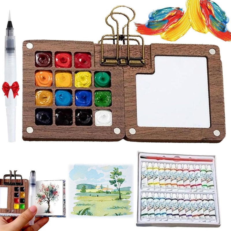 Anna's Watercolor Kit, New Mini Watercolor Set with Picture Book, Travel Water Color Set with 24 Color Paints, Wooden Grid Paint Box for Painters Artists Students (Walnu -15 Grids) - Image 1